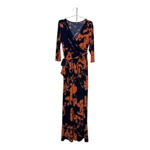 Emerald Navy & Orange Floral Long Sleeve Tie Waist Maxi Dress Size 1X
